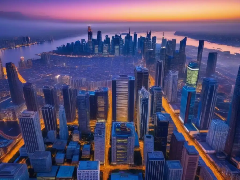 Inversión inmobiliaria en metrópolis: skyline urbano al atardecer Mejores países para invertir inmobiliario: Vista aérea de una ciudad vibrante al atardecer, con rascacielos modernos y luces de la ciudad
