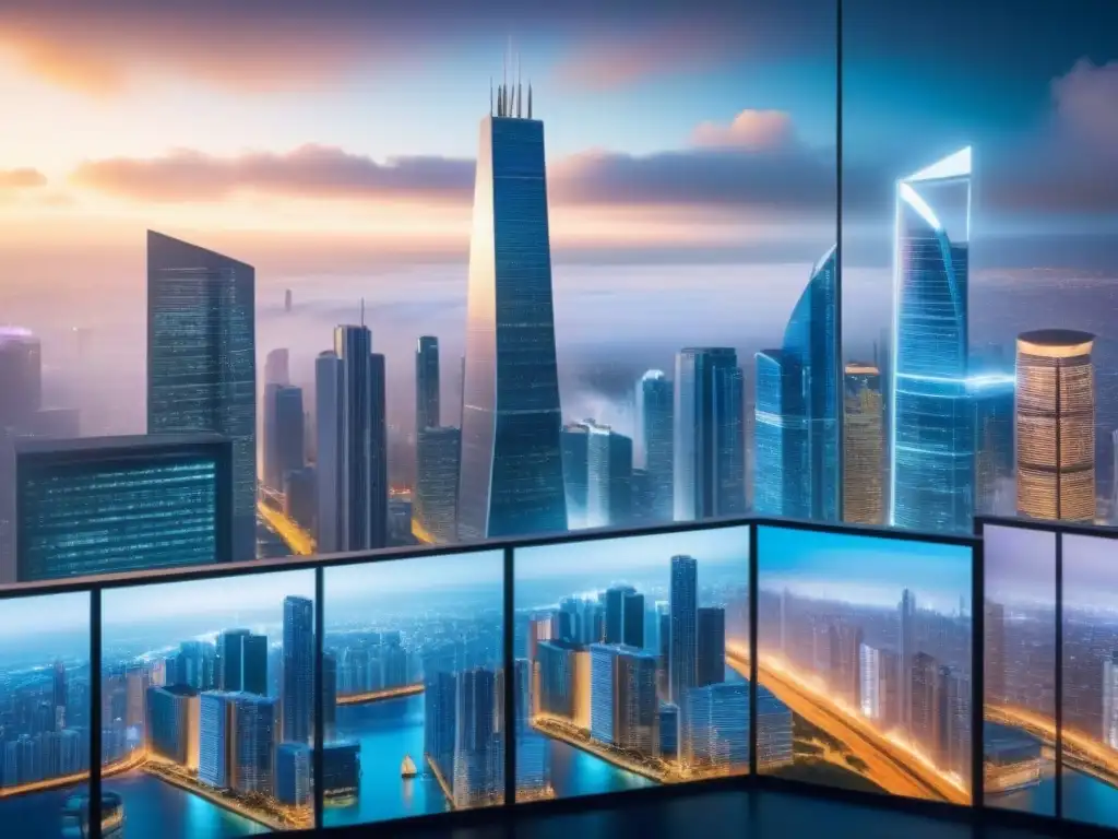 Inversores globales en mercado inmobiliario futurista Investigación de mercado de bienes raíces internacionales: escena dinámica con inversores y rascacielos de varios países en un mercado bullicioso