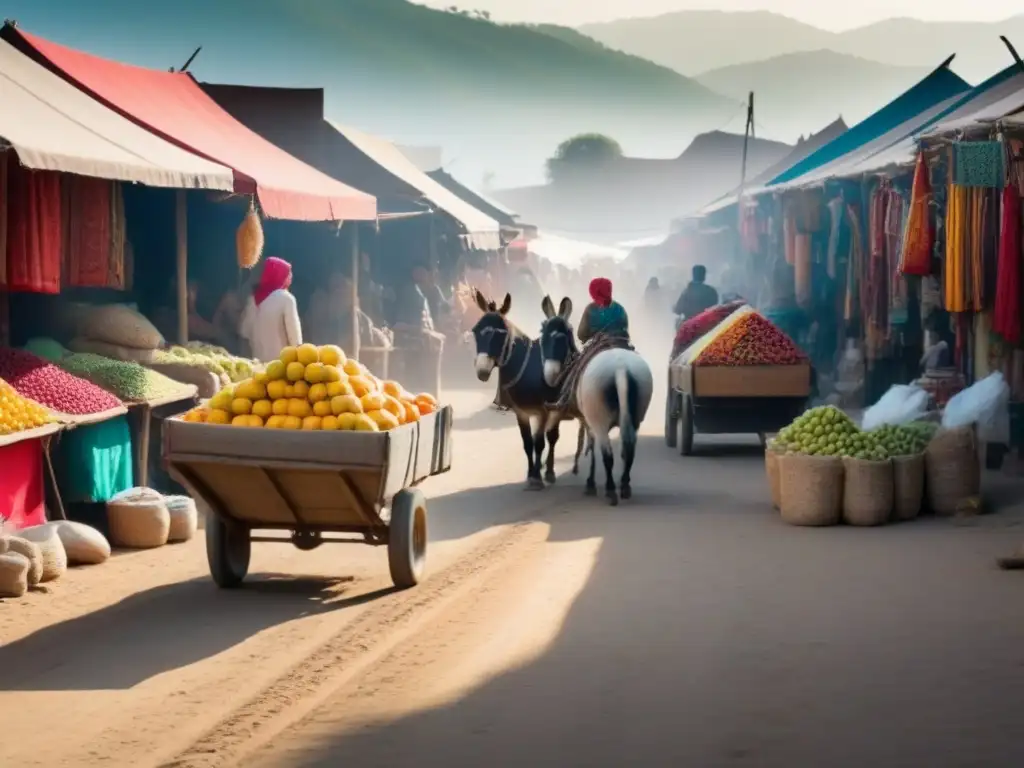 Mercado fronterizo: colores, cultura y comercio Un mercado bullicioso en una ciudad fronteriza, lleno de coloridas frutas, textiles y artesanías