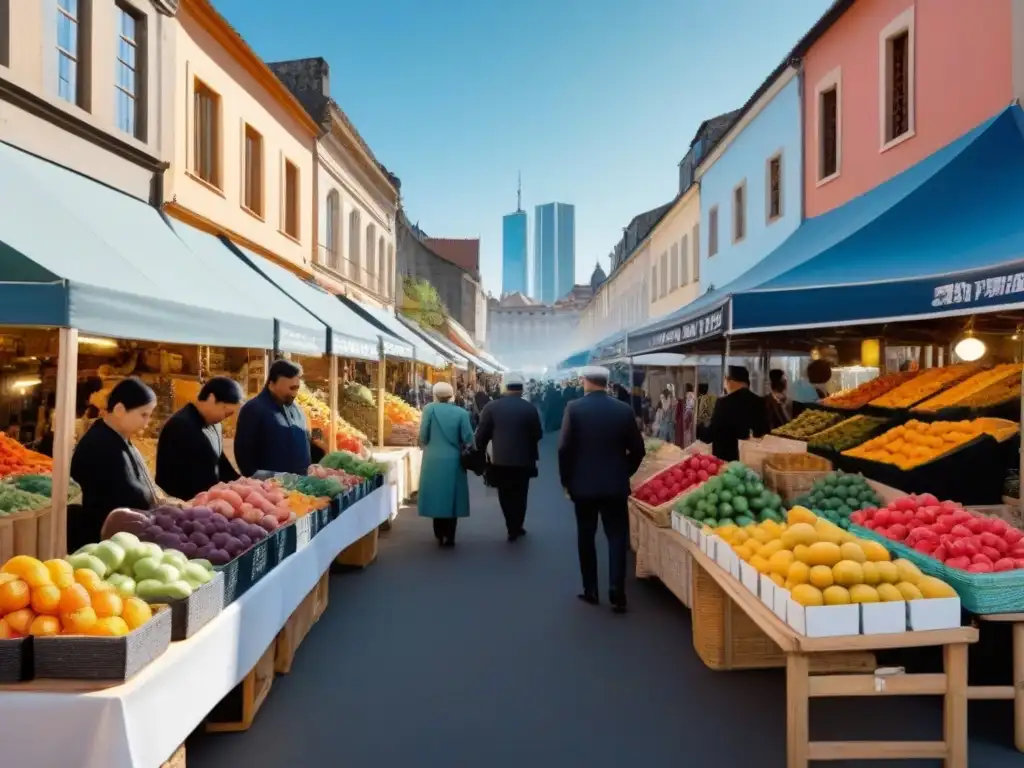Mercado fronterizo: colores vibrantes y oportunidades de inversión Un mercado bullicioso en una ciudad fronteriza, lleno de coloridas frutas y artesanías