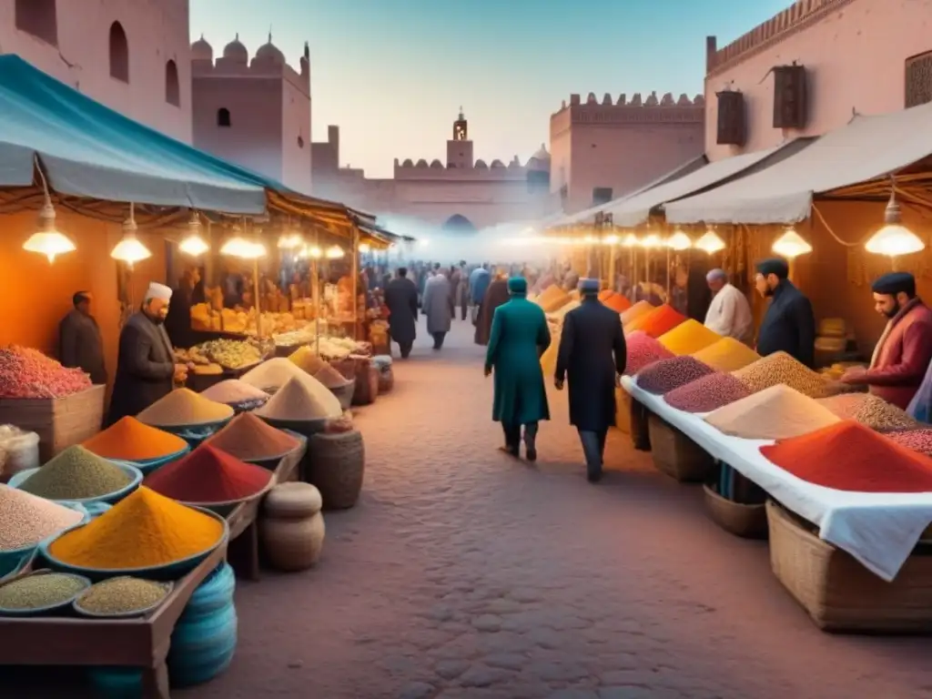 Mercado vibrante en Marrakech: colores y cultura Un mercado bullicioso en Marrakech con colores vibrantes de textiles, especias y cerámica