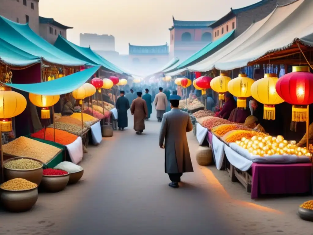 Mercado vibrante en la Ruta de la Seda Un mercado bullicioso a lo largo de la antigua Ruta de la Seda, fusionando influencias arquitectónicas orientales y occidentales
