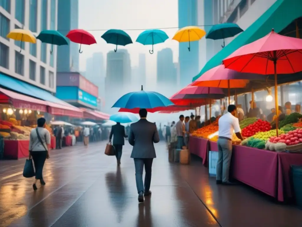 Mercado vibrante en mercado emergente: diversidad y color bajo sombrillas Un mercado bullicioso en un mercado emergente, con vendedores coloridos bajo parasoles, reflejando la fusión de tradición y progreso