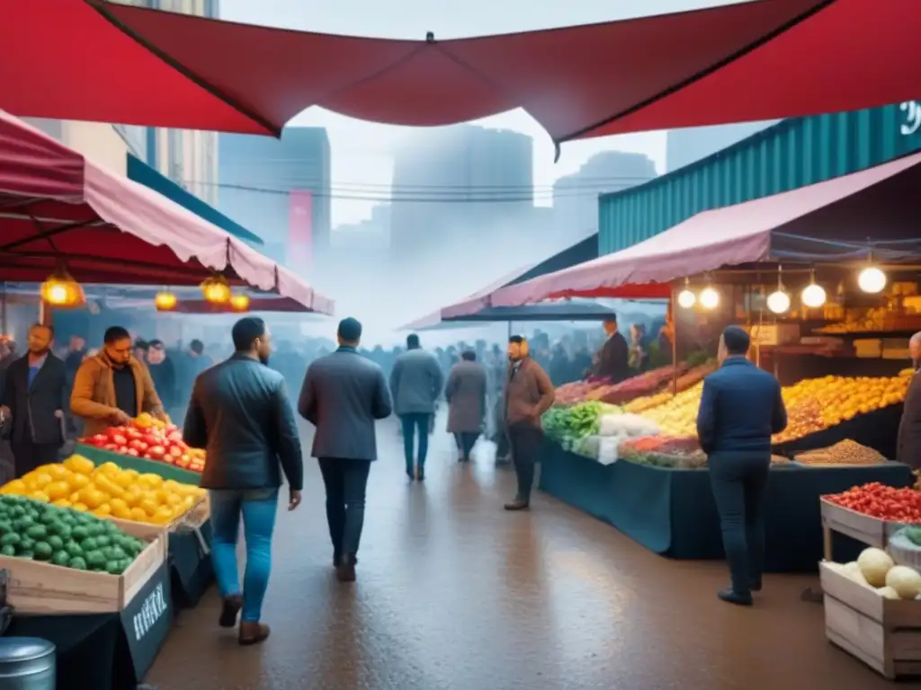 Mercado gastronómico urbano: cultura culinaria y diversidad en la ciudad Un mercado callejero bullicioso en una ciudad vibrante, con productos frescos, especias y vendedores de comida callejera