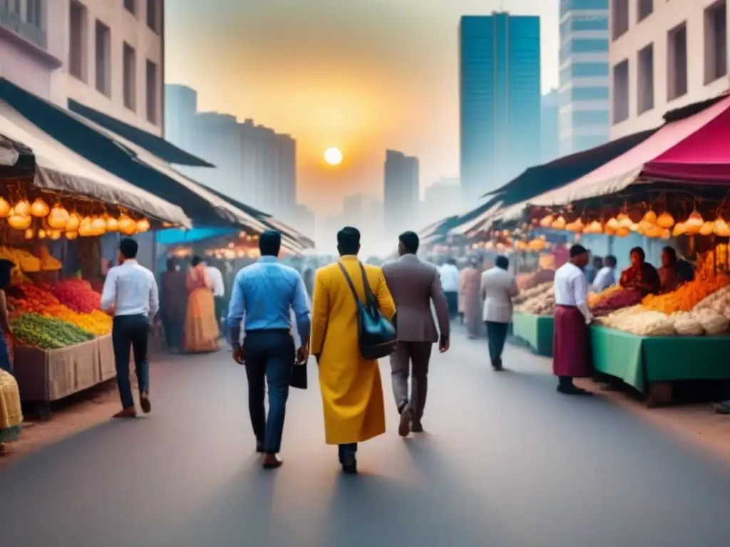 Horizonte vibrante: inversión inmobiliaria en mercados emergentes Un mercado emergente bullicioso con rascacielos modernos y edificios tradicionales, reflejo de la fusión de lo antiguo y lo nuevo en las inversiones inmobiliarias en mercados emergentes