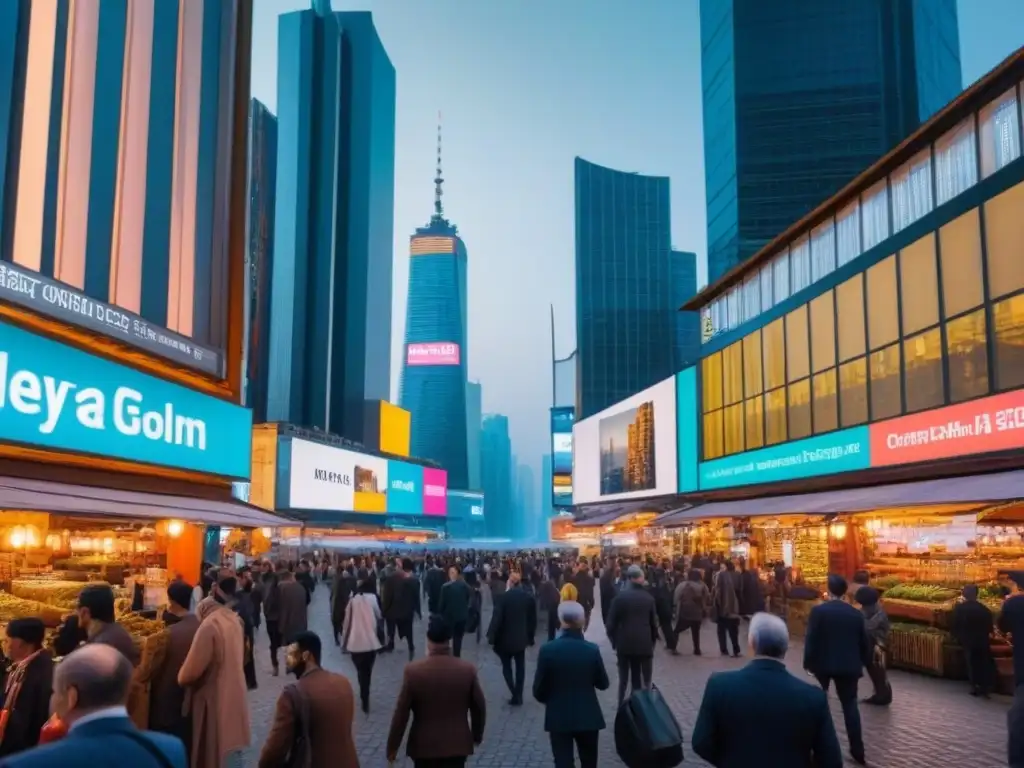 Mercado vibrante al amanecer: modernidad y tradición en la ciudad Mercado emergente: mezcla de arquitectura tradicional y moderna, gente realizando transacciones comerciales y pantallas digitales con tendencias de inversión inmobiliaria