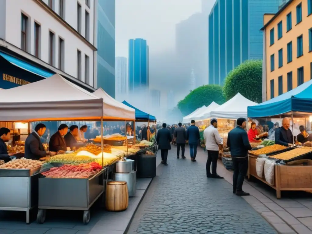 Mercado gastronómico urbano: sabores locales en la ciudad vibrante Un mercado gastronómico bullicioso en una ciudad vibrante