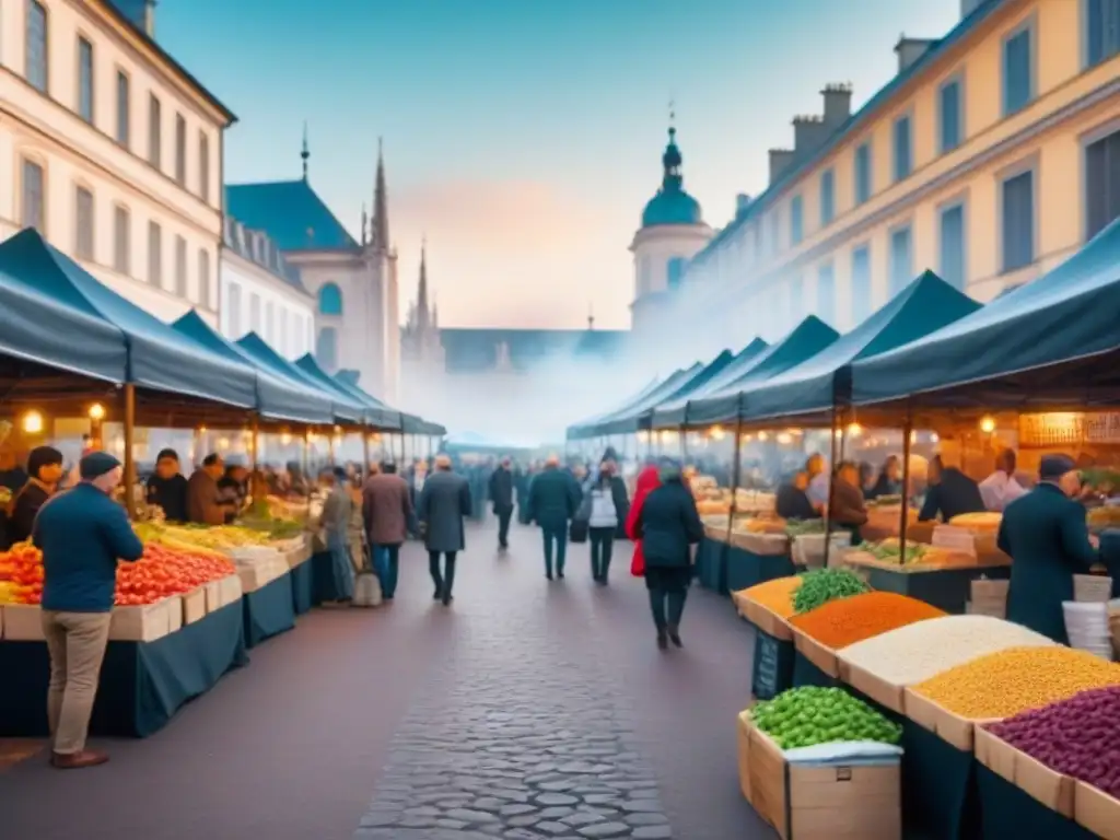 Mercado gastronómico multicultural en una ciudad histórica Un mercado gastronómico bullicioso con puestos coloridos y comida gourmet de todo el mundo, en un entorno urbano vibrante