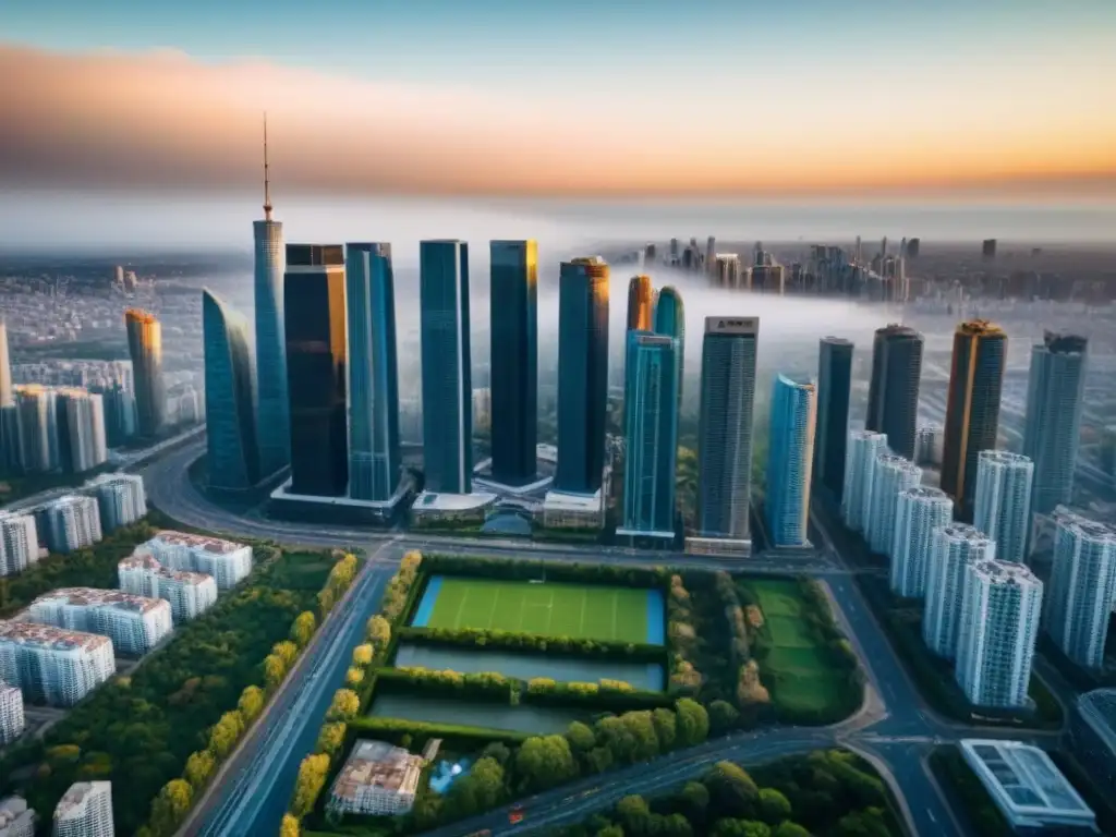 Vista aérea: Mercado inmobiliario en evolución Invierte en mercado inmobiliario postfusión: Vista aérea de vibrante ciudad con rascacielos y vida urbana activa
