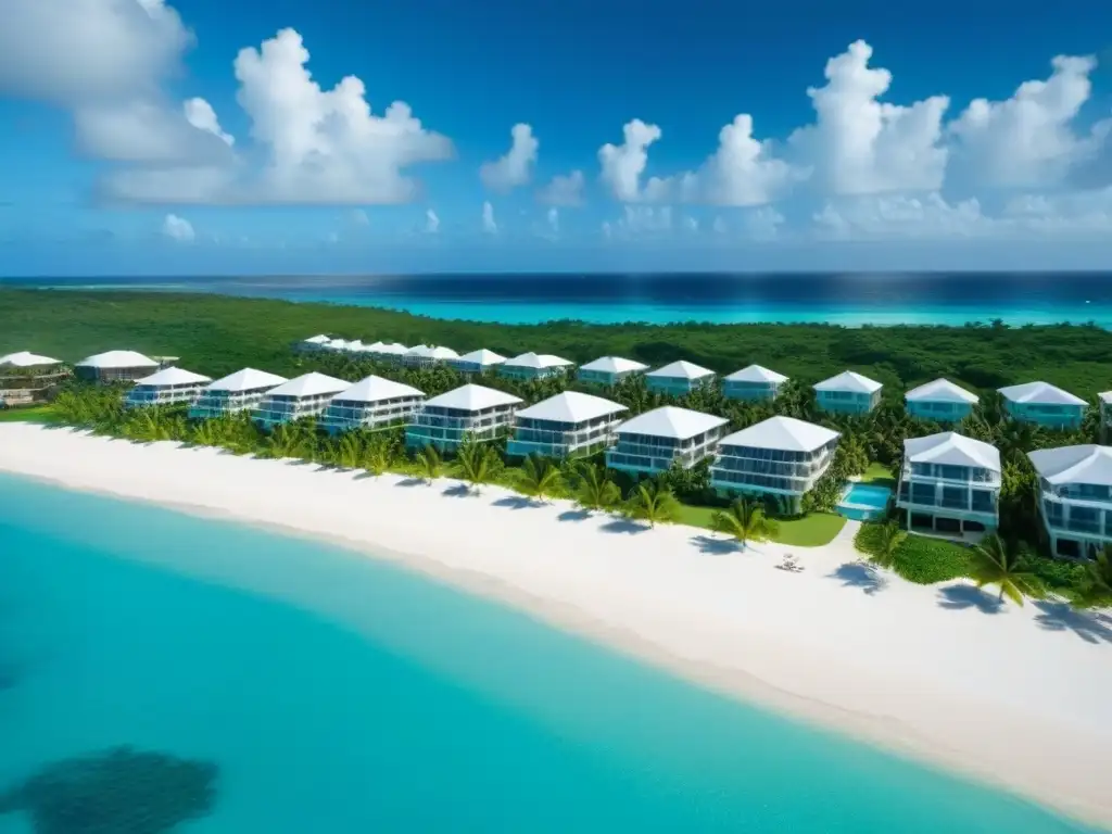 Costa caribeña paradisíaca: playas, aguas turquesas y propiedades de lujo Invierte en el mercado inmobiliario caribeño: vista aérea detallada de costa caribeña con aguas turquesas y propiedades lujosas