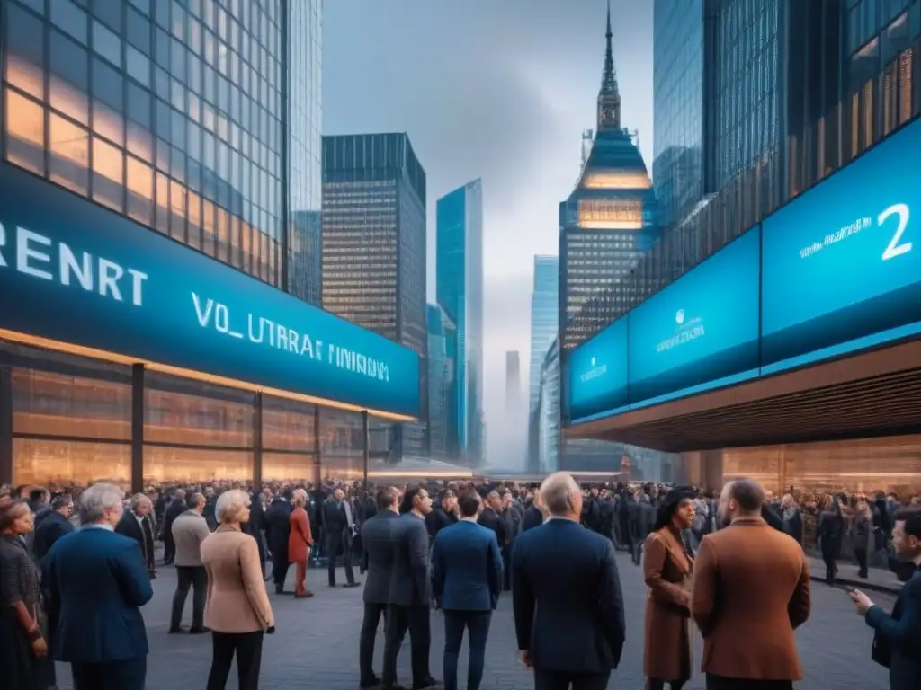 Distrito financiero posBrexit: escena futurista de optimismo global Invertir en mercado inmobiliario post-Brexit: Una ciudad futurista postBrexit con profesionales y tecnología avanzada