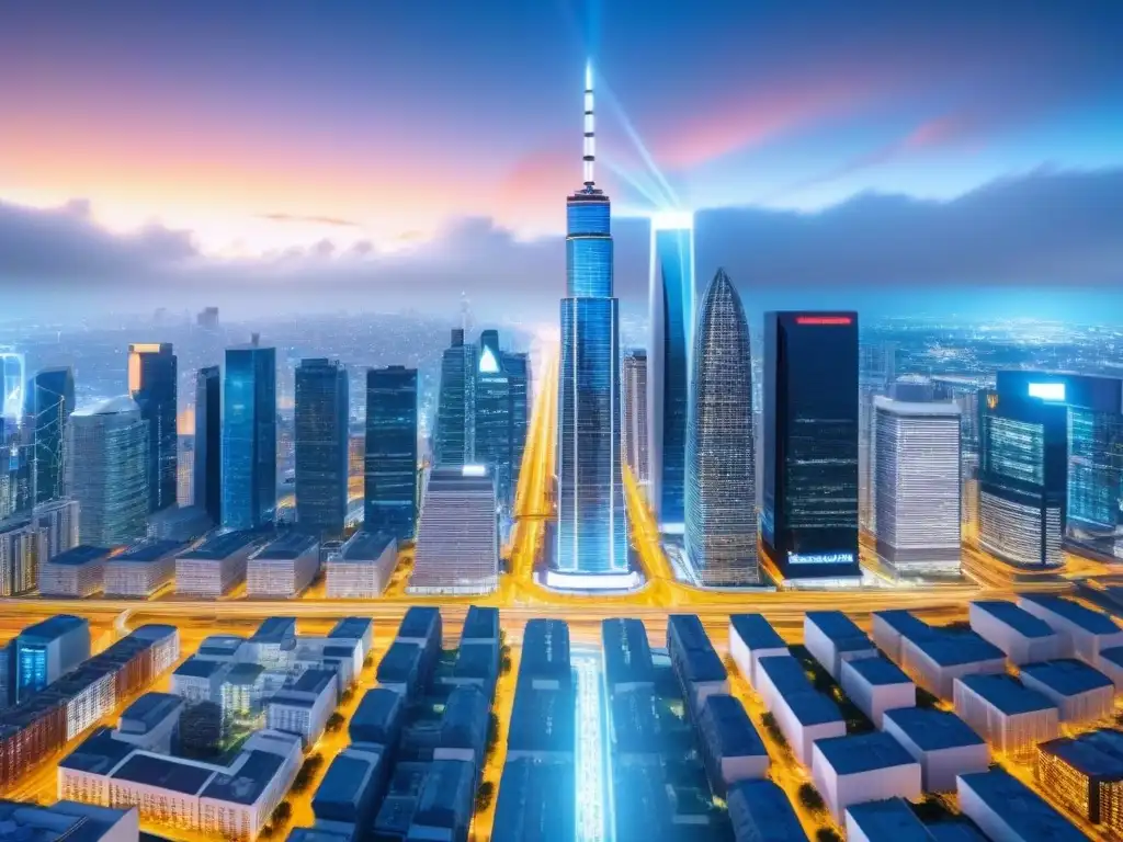 Metrópolis futurista: análisis de datos en tiempo real Interpretación Big Data mercado inmobiliario en una ciudad futurista con rascacielos digitales y proyecciones avanzadas