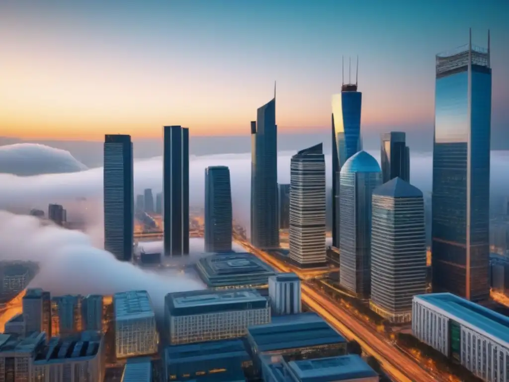 Inversiones y diversidad en ciudad emergente Invertir en mercado inmobiliario emergente: Ciudad vibrante con arquitectura tradicional y rascacielos modernos, profesionales diversificados dialogando