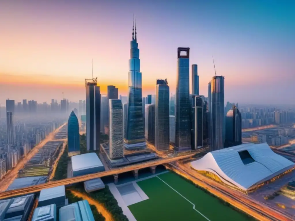 Metrópolis emergente: crecimiento y diversidad en el mercado inmobiliario Un mercado inmobiliario emergente potencial cobra vida en una moderna metrópolis al atardecer