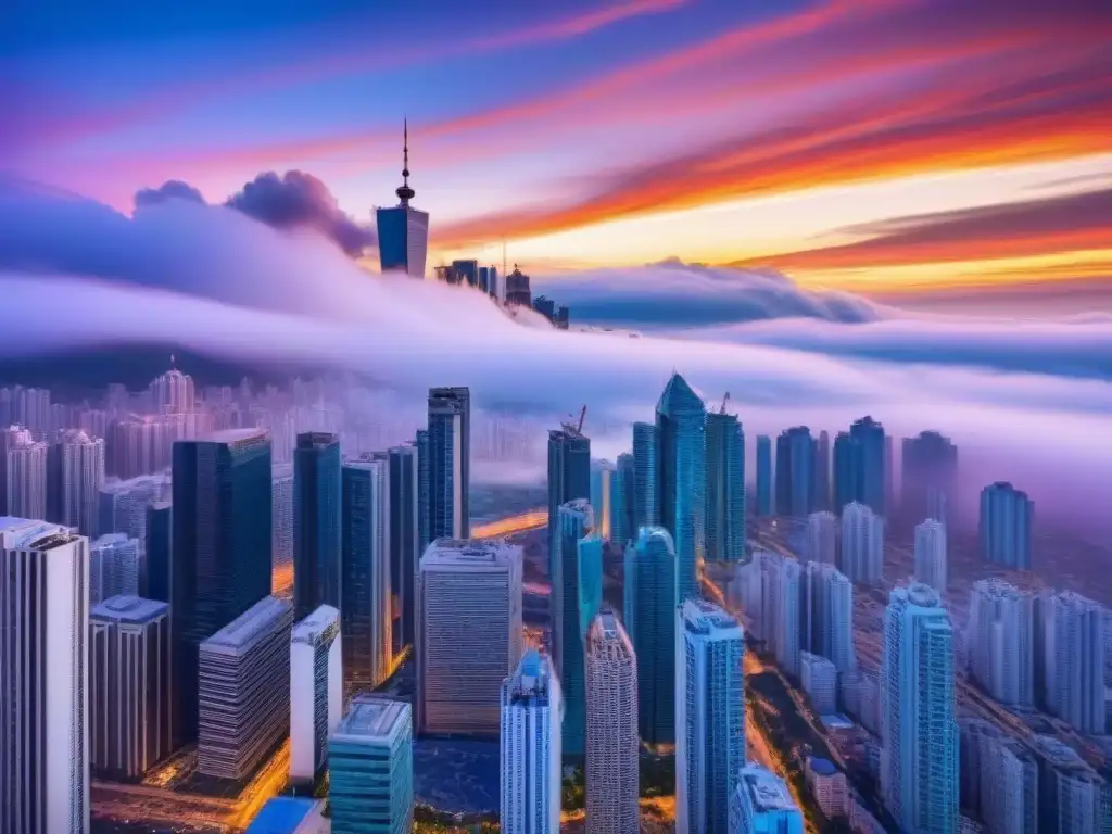 Horizonte urbano vibrante de mercado emergente en el atardecer Un mercado inmobiliario emergente rebosante de vida bajo un cielo vibrante al atardecer