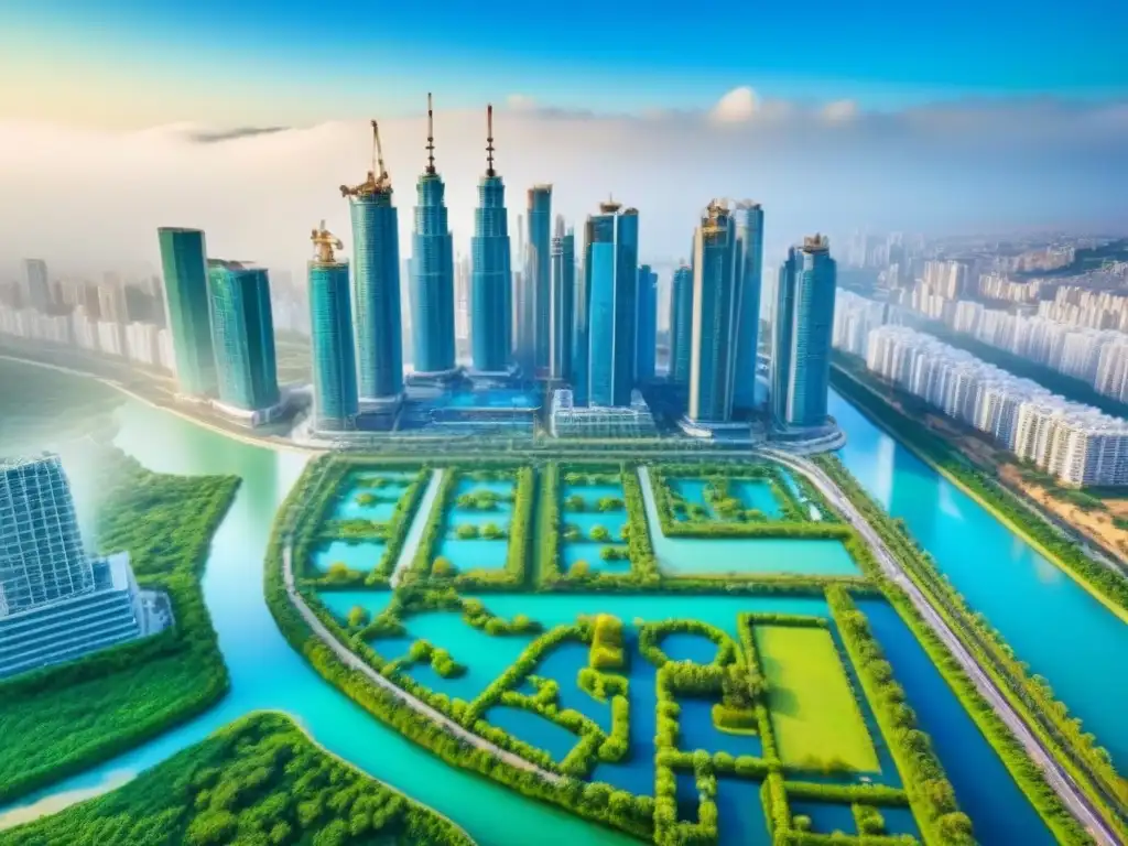 Horizonte urbano emergente: rascacielos, parques y construcción Invertir en mercado inmobiliario emergente: vista aérea de una ciudad bulliciosa con rascacielos modernos y sitios de construcción