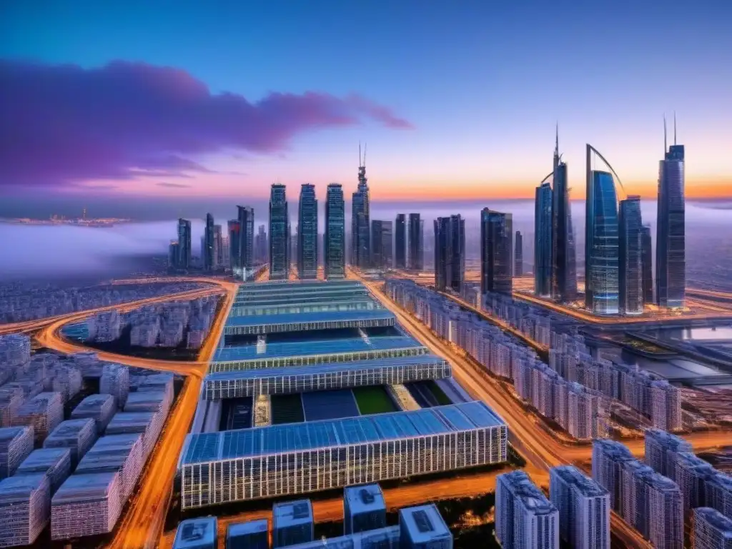Metrópolis futurista al anochecer: luces, rascacielos y vehículos voladores Invertir en mercado inmobiliario emergentes: ciudad futurista al anochecer con rascacielos iluminados y vehículos voladores avanzados