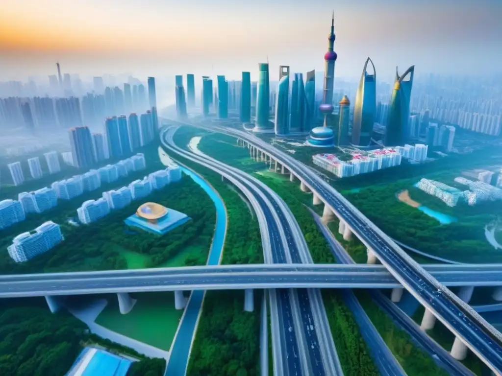 Oportunidades de inversión en la Ruta de la Franja y la Ruta de la Seda Invertir en el mercado inmobiliario de la Franja y la Ruta: Vista panorámica de una ciudad vibrante, con rascacielos modernos y bulliciosas carreteras