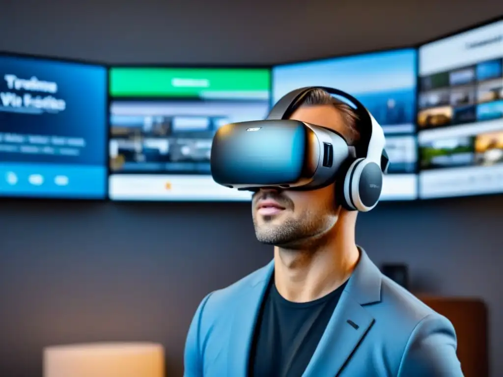 Realidad virtual: campaña de retargeting inmobiliario en metrópolis Inmersión en el mercado inmobiliario: headset futurista muestra campaña de retargeting a inversores en metrópoli