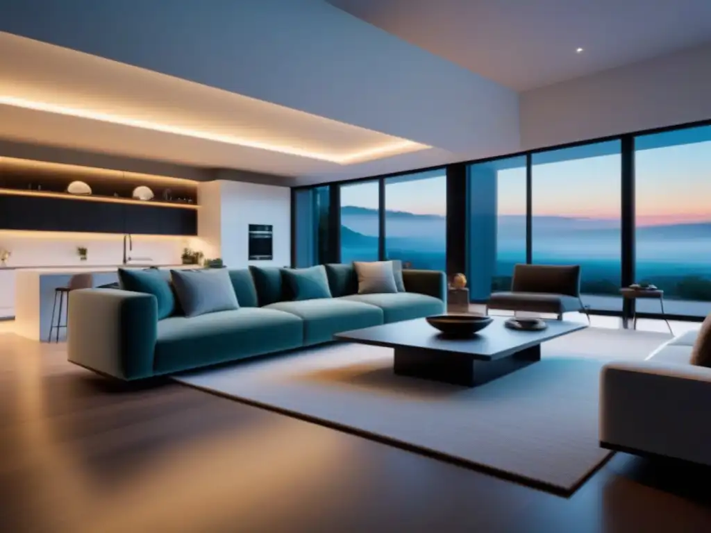 Smart Home Futurista: Tecnología IoT integrada en la vida diaria Transformación mercado inmobiliario IoT: Hogar futurista con dispositivos integrados y avanzados en una atmósfera minimalista