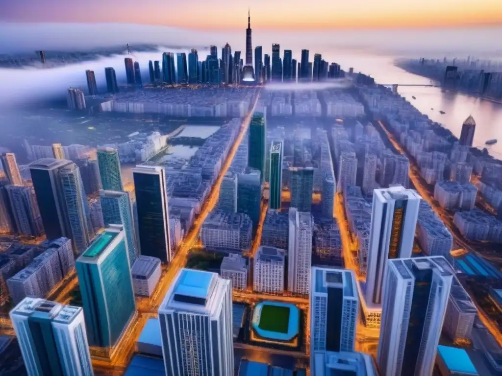 Impacto global: Ciudad dinámica entre tradición y modernidad Mercado inmobiliario internacional: ciudad bulliciosa con rascacielos y arquitectura moderna, reflejo de la globalización