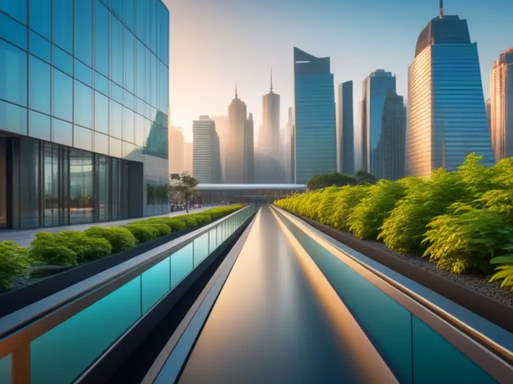 Horizonte urbano futurista en armonía con la tradición Invertir en el mercado inmobiliario internacional: Una ciudad futurista con rascacielos interconectados por pasarelas de cristal, bañada por la cálida luz del atardecer