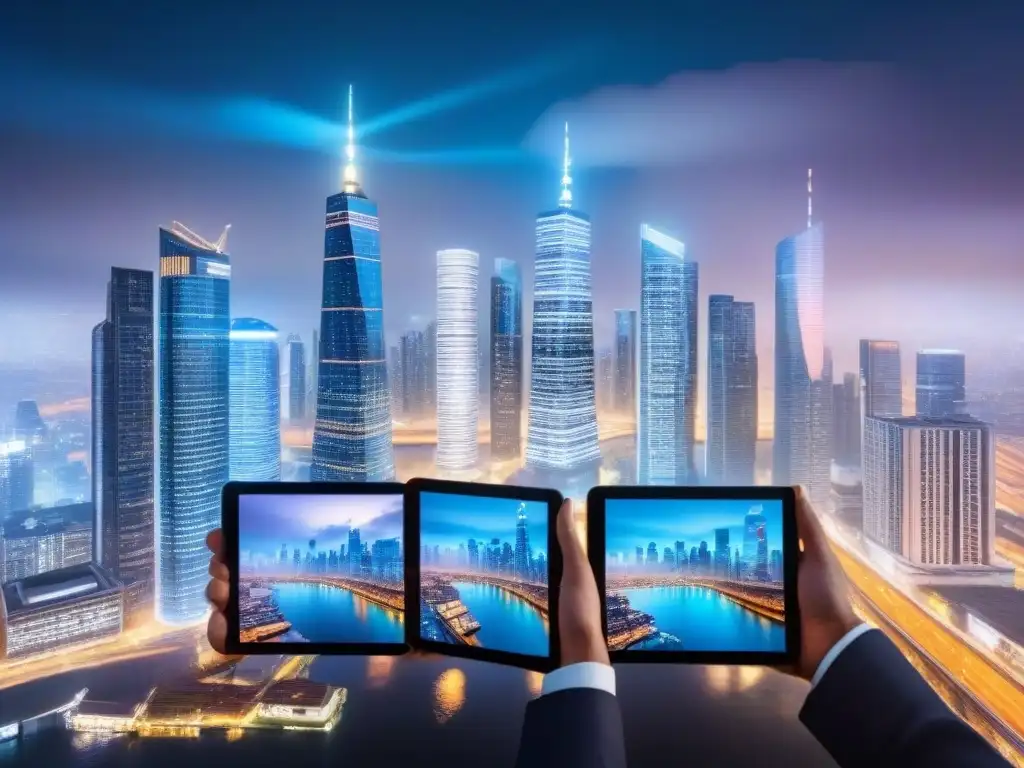 Inversión inmobiliaria del futuro: ciudad inteligente y conectada Invertir en mercado inmobiliario internacional en una ciudad futurista con tecnología avanzada y vibrantes pantallas digitales