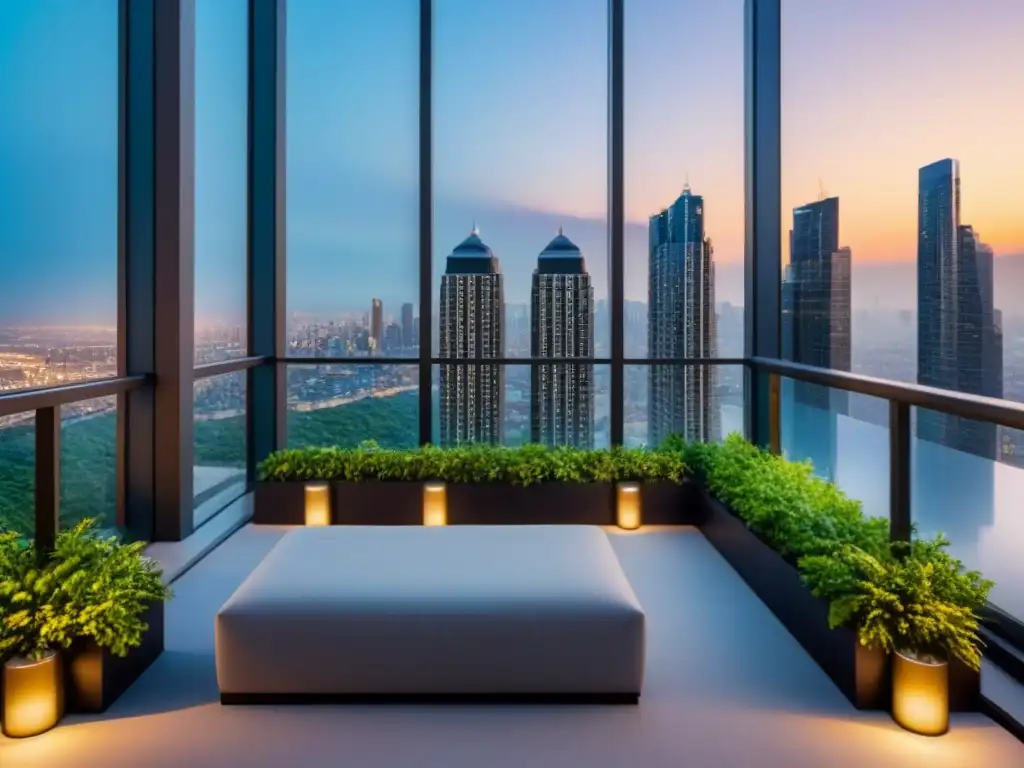 Rascacielos moderno en la ciudad al atardecer Invertir en mercado inmobiliario internacional: Edificio moderno con vista urbana al atardecer desde lujosa terraza en la azotea