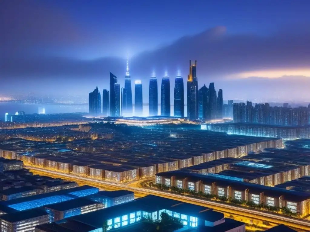 Ciudad futurista: innovación y tecnología en PropTech Invertir en mercado inmobiliario internacional: Ciudad futurista nocturna con rascacielos brillantes y sistemas de transporte avanzados