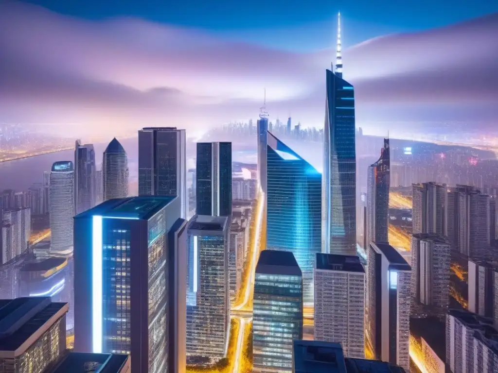 Metrópolis del Futuro: Real Estate y Tecnología de Vanguardia Invertir en el mercado inmobiliario internacional: Ciudad futurista nocturna con rascacielos iluminados por luces neón vibrantes