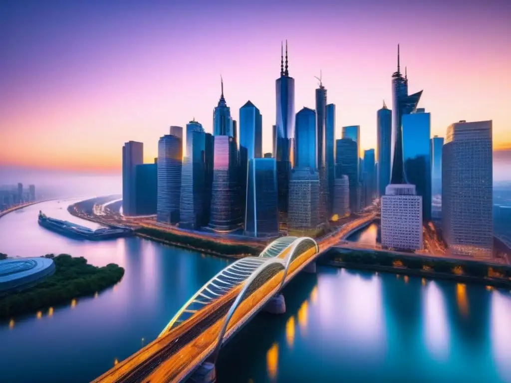 Inversión inmobiliaria: ciudad moderna al atardecer Invertir en mercado inmobiliario internacional: Impresionante ciudad moderna al atardecer con rascacielos, calles bulliciosas y puentes iluminados