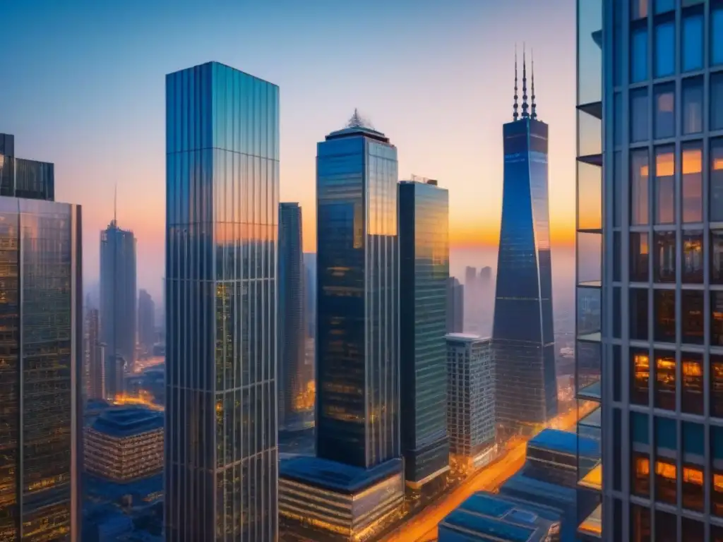 Horizonte urbano de una metrópolis internacional vibrante al atardecer Invertir en mercado inmobiliario internacional: Una metrópolis moderna, con rascacielos, lujo y energía global al atardecer
