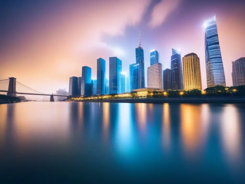 Skyline nocturno: REITs globales reflejados en el río Valuación REITs mercado inmobiliario internacional: Ciudad moderna de noche, rascacielos iluminados reflejados en un río calmado