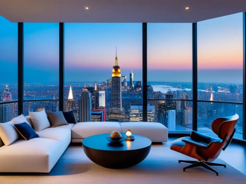 Penthouse de lujo con vista panorámica de ciudad internacional al atardecer Invertir en mercado inmobiliario internacional: Penthouse moderno de lujo con vista panorámica a ciudad internacional al anochecer