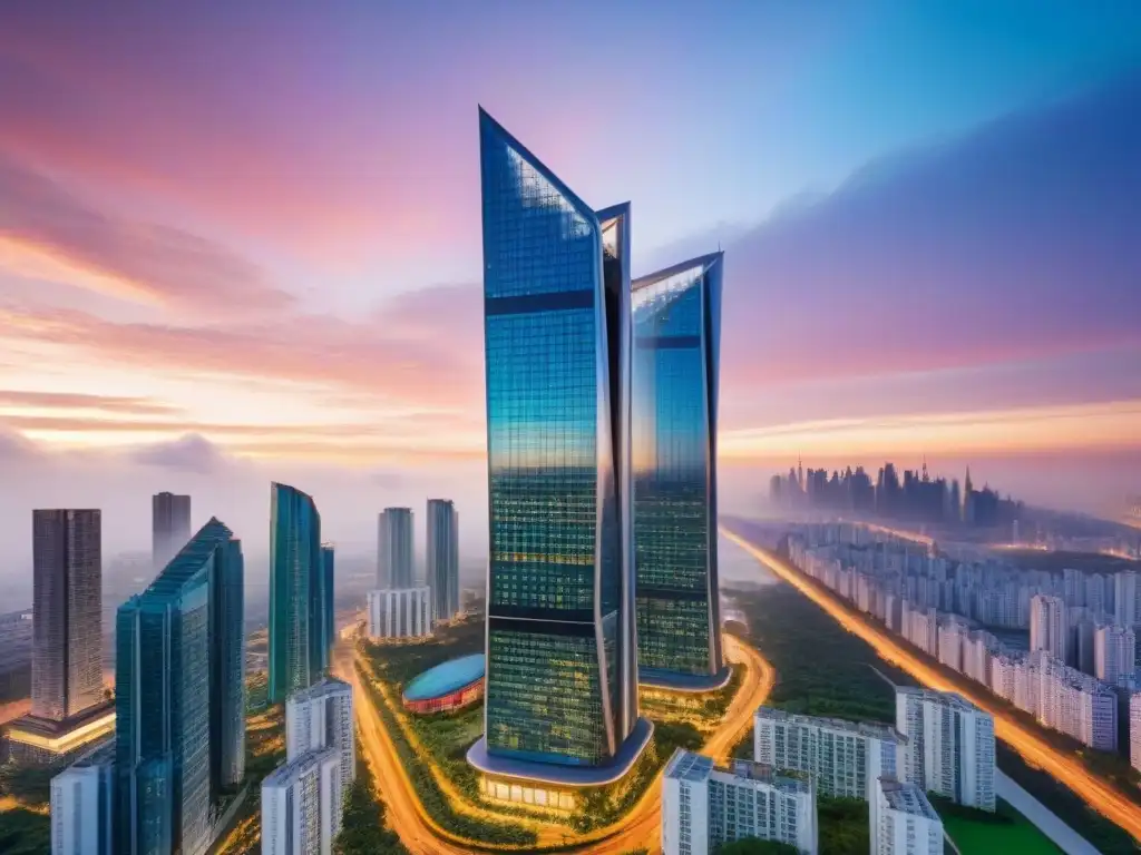 Rascacielos de lujo en ciudad moderna al atardecer Invertir en mercado inmobiliario internacional: Un rascacielos moderno y lujoso que se eleva entre una ciudad bulliciosa al atardecer