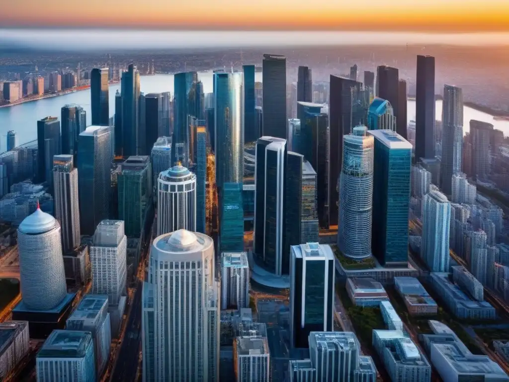 Mercado inmobiliario global: ciudades vibrantes y rascacielos Un mercado inmobiliario internacional vibrante con regulaciones fiscales, reflejando modernidad y conectividad global