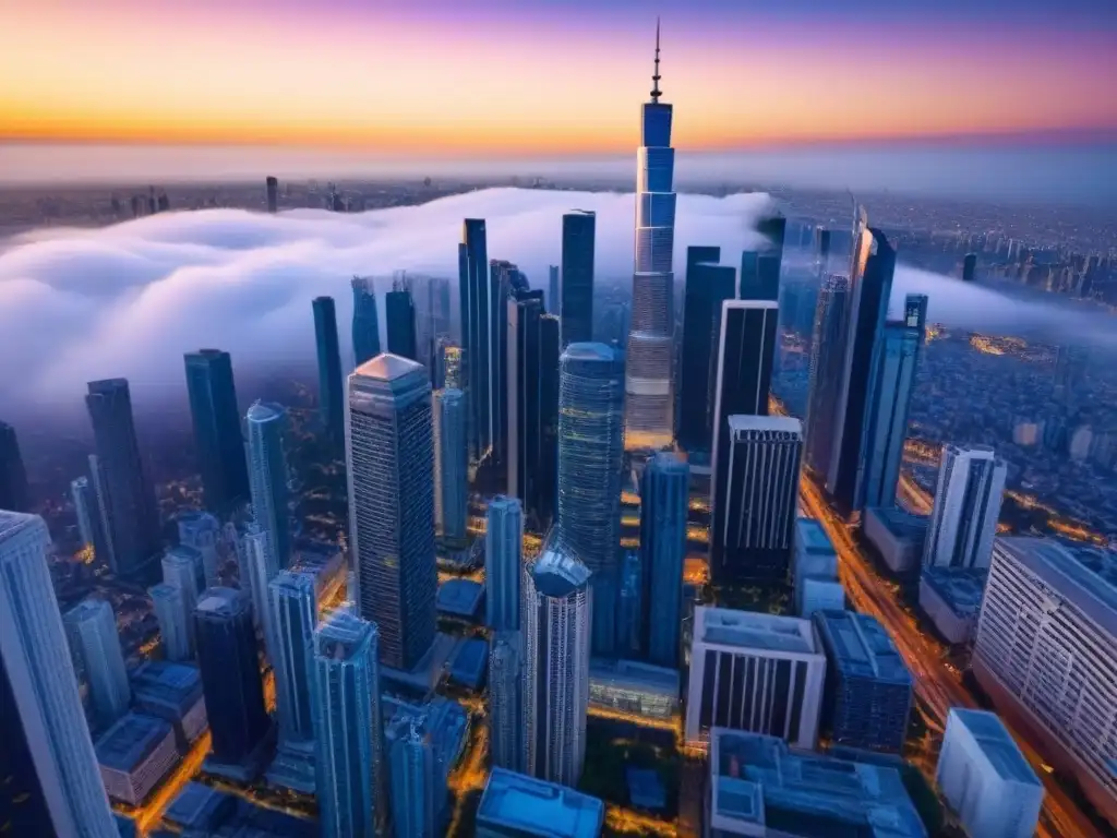 Esplendor urbano: ciudad moderna, crecimiento y oportunidad Invierte en mercado inmobiliario internacional: Vista aérea de una ciudad moderna con rascacielos al atardecer