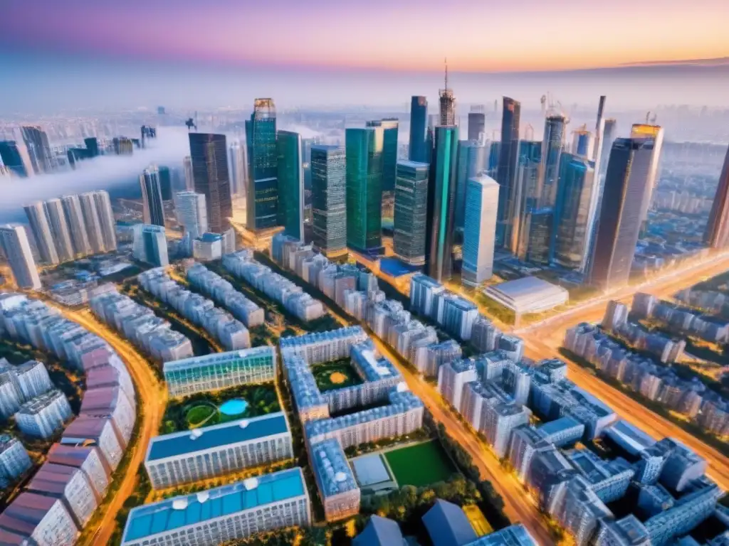 Metrópolis global: inversiones inmobiliarias internacionales Invertir en mercado inmobiliario internacional: Vista aérea de una ciudad vibrante con rascacielos modernos y diversidad de propiedades