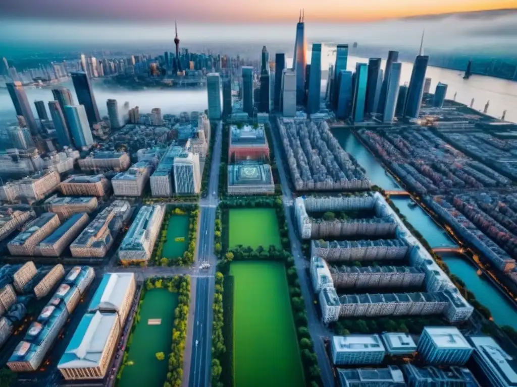 Contraste arquitectónico: ciudad internacional en auge Invertir en mercado inmobiliario internacional: Vista aérea de una ciudad diversa con rascacielos icónicos y edificios históricos, reflejando el contraste entre arquitectura antigua y moderna en un mercado inmobiliario internacional