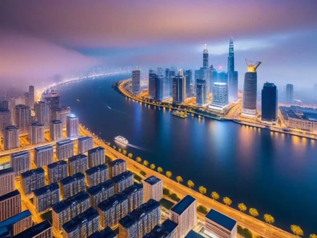 Espectacular skyline urbano al atardecer: crecimiento y prosperidad Invertir en mercado inmobiliario internacional: Vista aérea de una ciudad bulliciosa al anochecer, con rascacielos iluminados y un río serpenteante