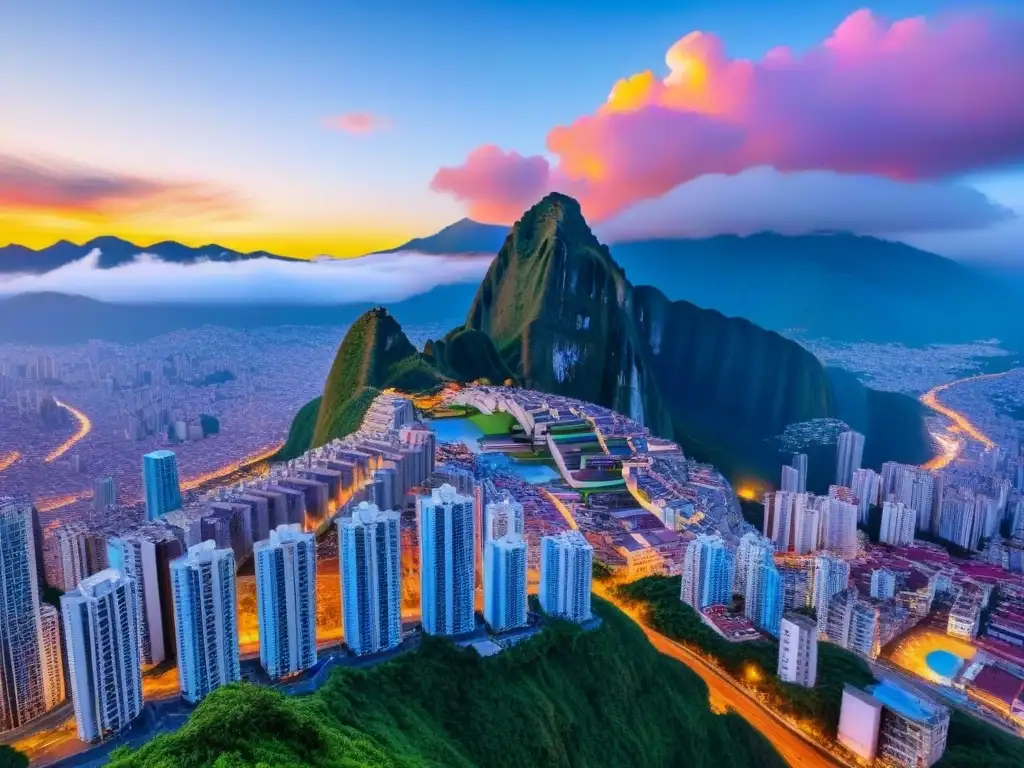 Horizonte urbano de América Latina: oportunidades de inversión Inversión en el mercado inmobiliario de América Latina: rascacielos modernos, calles bulliciosas y montañas verdes bajo un cielo azul