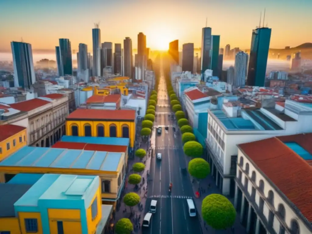 Panorama urbano latinoamericano: mezcla de historia y modernidad Invertir en mercado inmobiliario Latinoamericano: Una ciudad vibrante con rascacielos modernos y edificios coloniales históricos bajo la cálida luz del sol, mostrando la fusión entre lo antiguo y lo nuevo