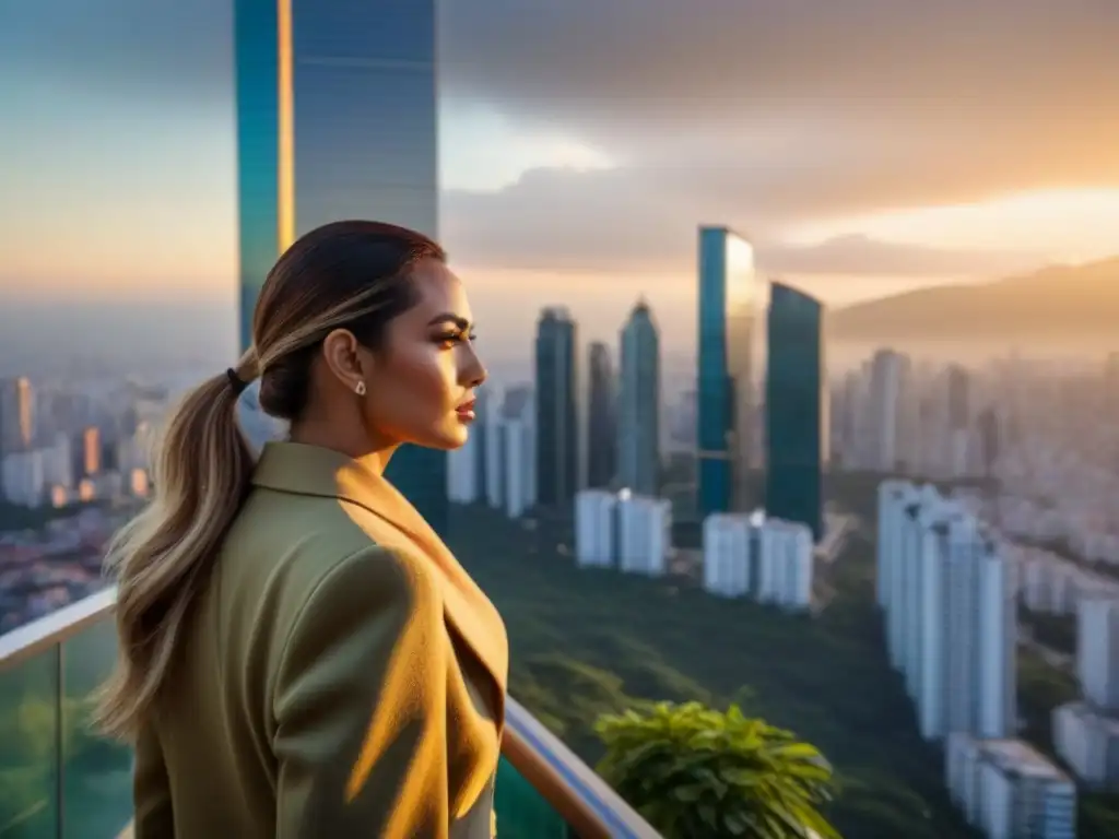 Condominio de lujo en Latinoamérica: arquitectura moderna y vibrante ciudad Invertir en mercado inmobiliario Latinoamericano: lujoso condominio con diseño moderno y vistas urbanas vibrantes al atardecer