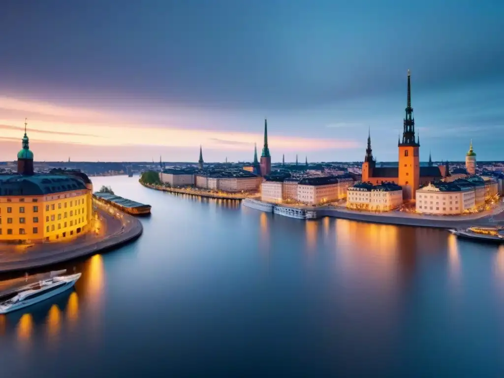 Esplendor urbano: Atardecer en Estocolmo Invertir en mercado inmobiliario Estocolmo: Majestuosa vista aérea de la ciudad al atardecer, reflejada en el lago Mälaren