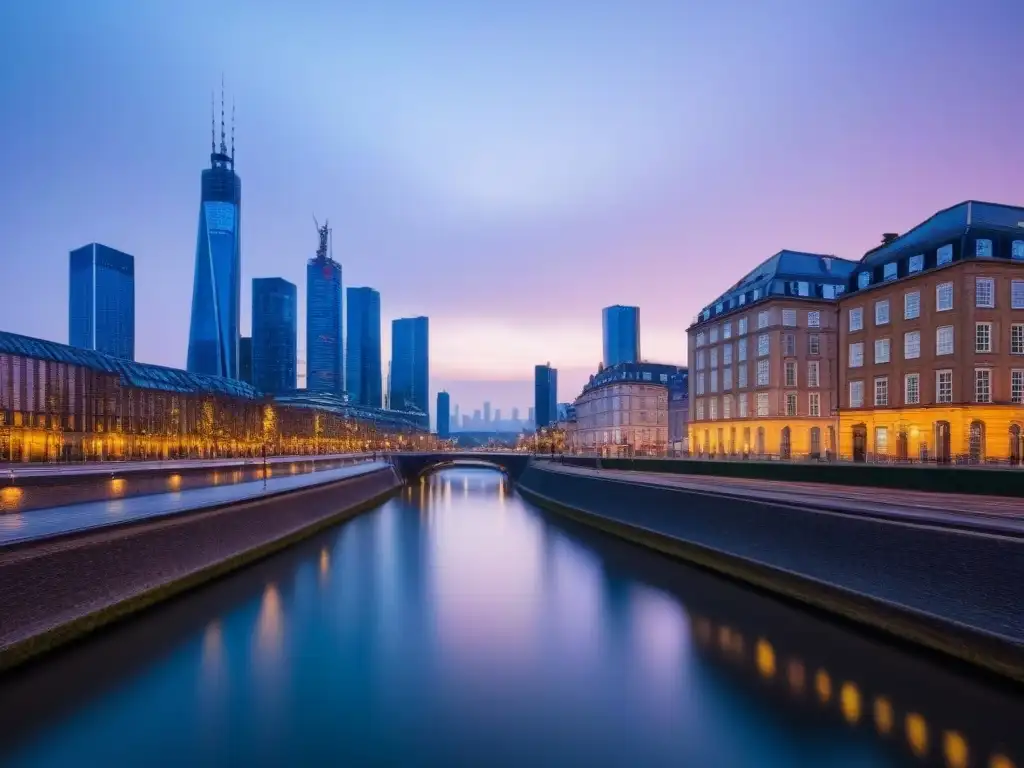 Horizonte urbano postBrexit: fusión de tradición y modernidad Invertir en mercado inmobiliario post-Brexit: Ciudad moderna al atardecer, con rascacielos iluminados y arquitectura tradicional fusionada
