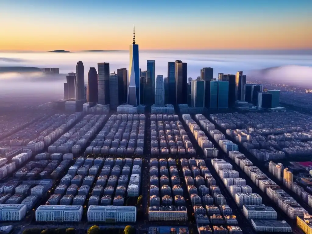 Metrópolis dorada: ciudad moderna y antigua bañada por la luz del atardecer Invertir en mercado inmobiliario postfusión: Ciudad moderna con rascacielos y edificios históricos al atardecer