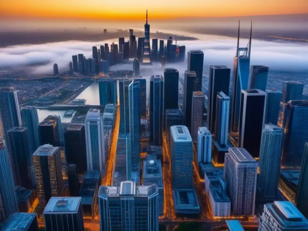 Cityscape moderno al atardecer: auge inmobiliario en postmerger Invierte en mercado inmobiliario postfusión: ciudad moderna con rascacielos y arquitectura futurista al atardecer