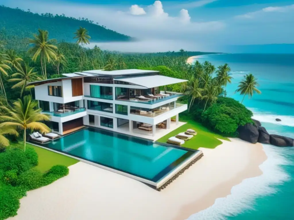 Propiedad de lujo frente a la playa en Sri Lanka: sofisticación tropical Invertir en mercado inmobiliario Sri Lanka: Opulenta propiedad frente al mar con villa moderna, playa de arena blanca y aguas turquesas
