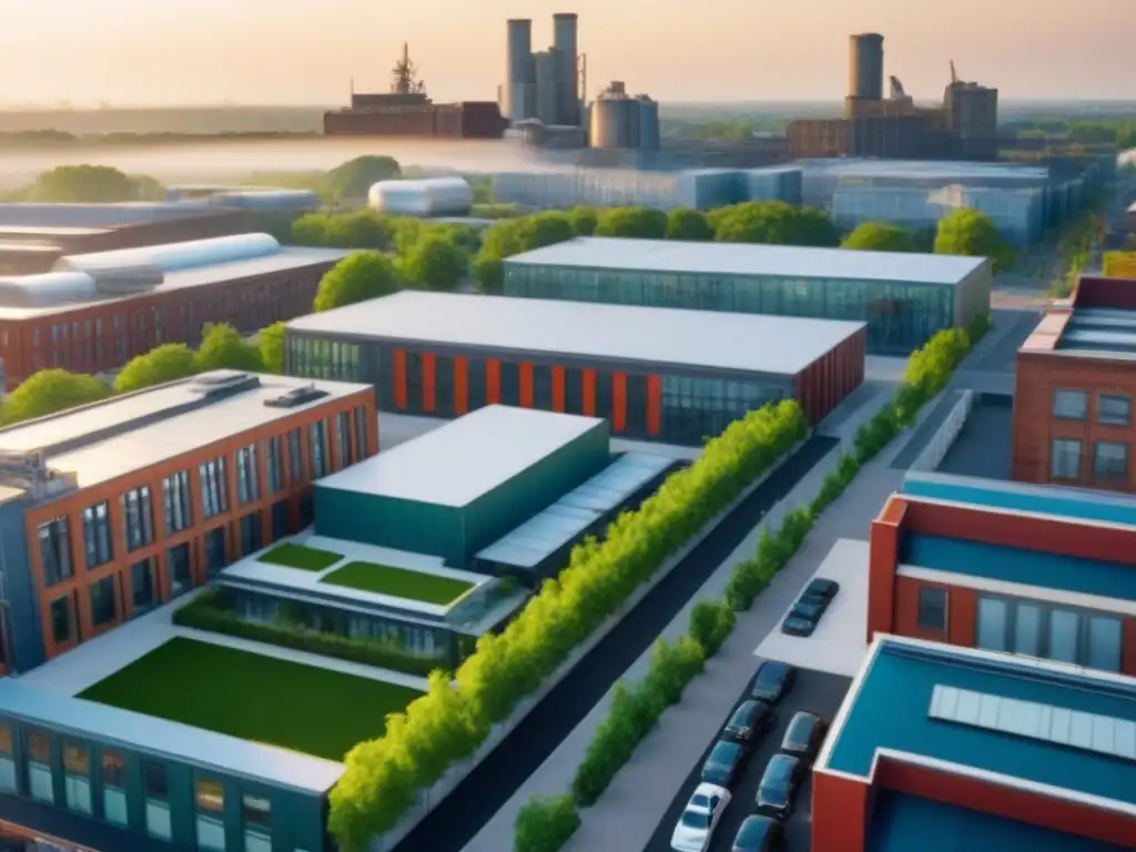 Renovación urbana: fábricas transformadas en lofts y oficinas modernas Invertir en mercado inmobiliario postindustrial: Vista aérea de una ciudad postindustrial revitalizada, con fábricas reconvertidas en lofts, edificios modernos y mercados callejeros