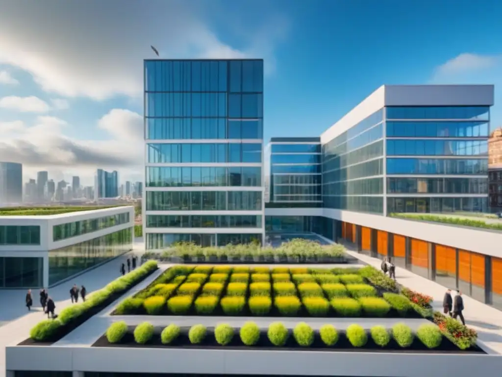 Inversionistas en ciudad sostenible: un futuro brillante Mercado inmobiliario sostenible con incentivos fiscales: Ciudad moderna con edificios ecológicos, paneles solares y jardines en azoteas